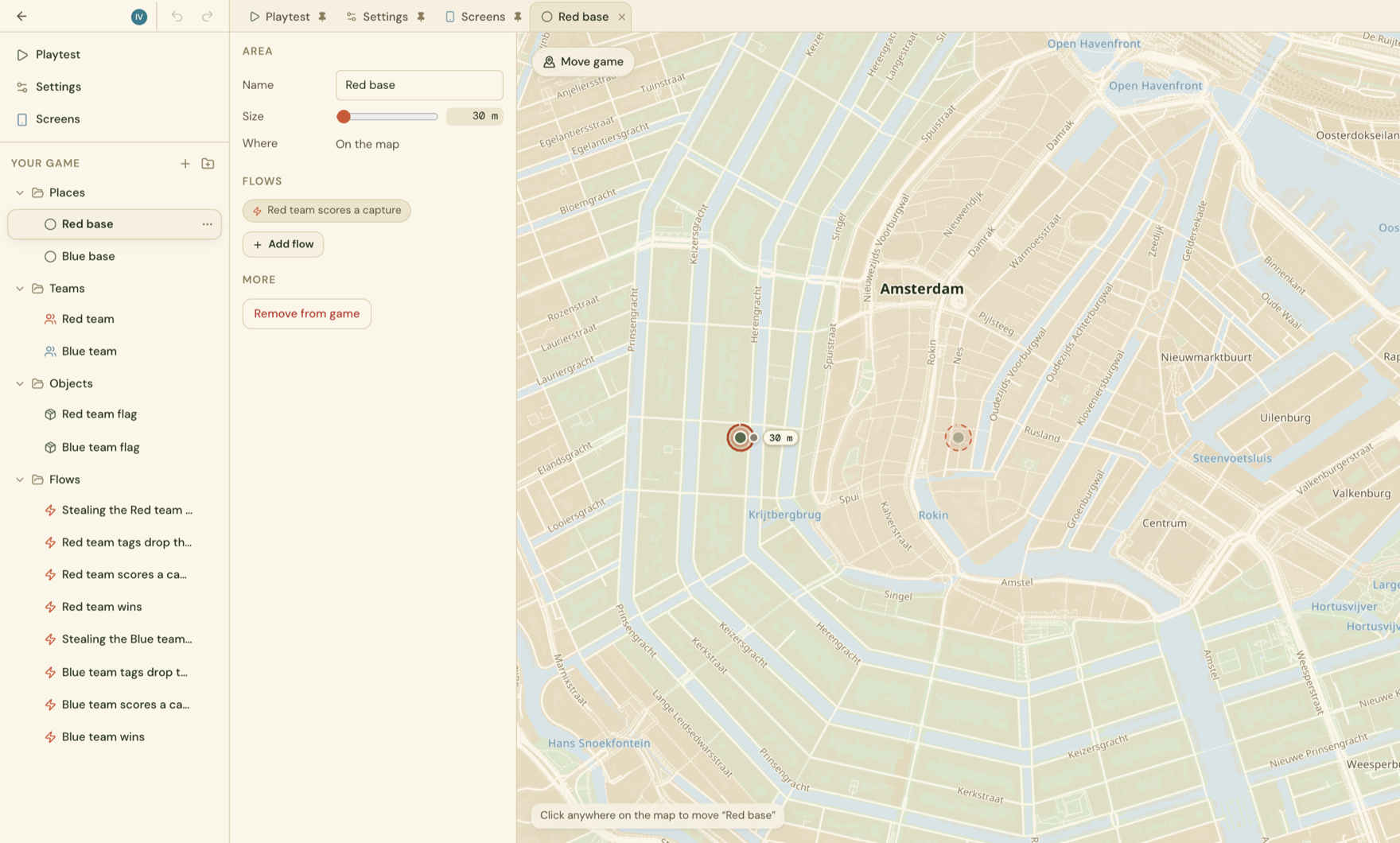 The Roam editor with capture the flag laid out on a city map, its places, teams, objects, and flows listed beside it.